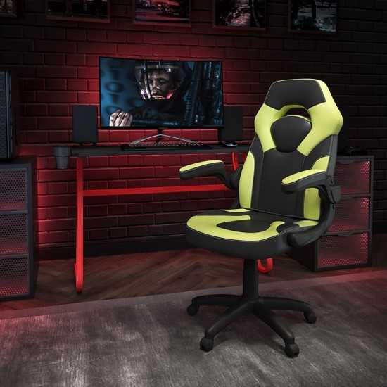 Red Gaming Desk and Green/Black Racing Chair Set with Cup Holder and Headphone Hook