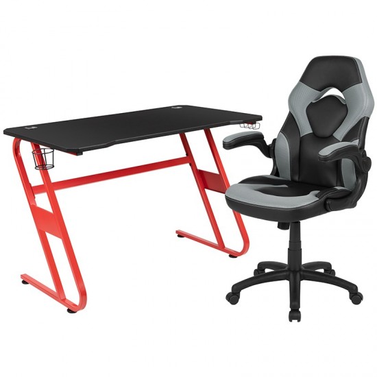 Red Gaming Desk and Gray/Black Racing Chair Set with Cup Holder and Headphone Hook