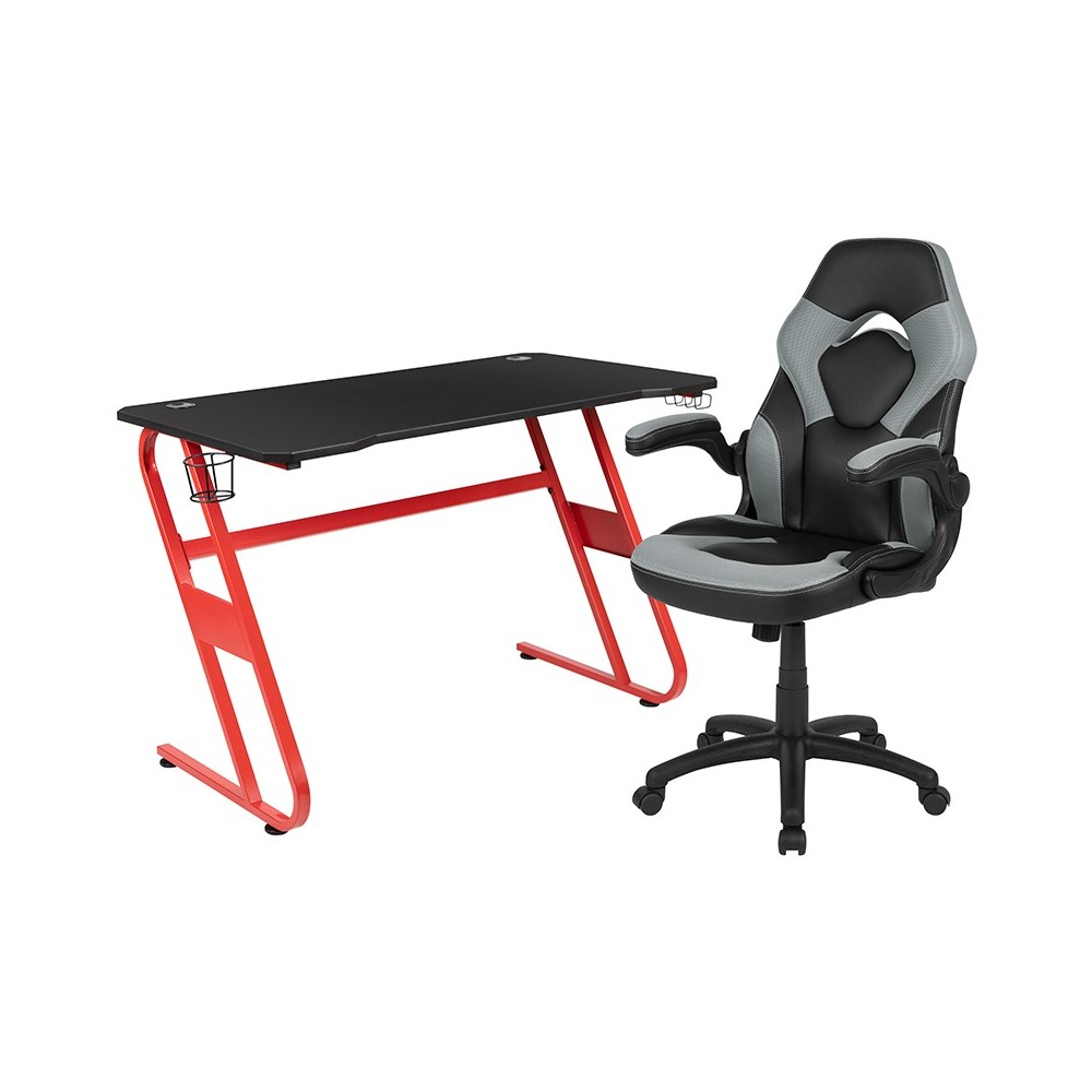 Red Gaming Desk and Gray/Black Racing Chair Set with Cup Holder and ...