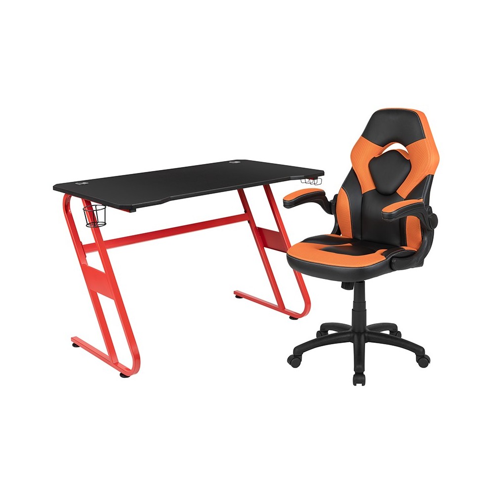 Red Gaming Desk and Orange/Black Racing Chair Set with Cup Holder and Headphone Hook