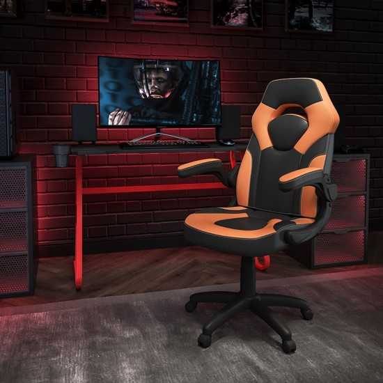 Red Gaming Desk and Orange/Black Racing Chair Set with Cup Holder and Headphone Hook