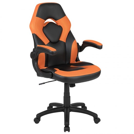 Red Gaming Desk and Orange/Black Racing Chair Set with Cup Holder and Headphone Hook