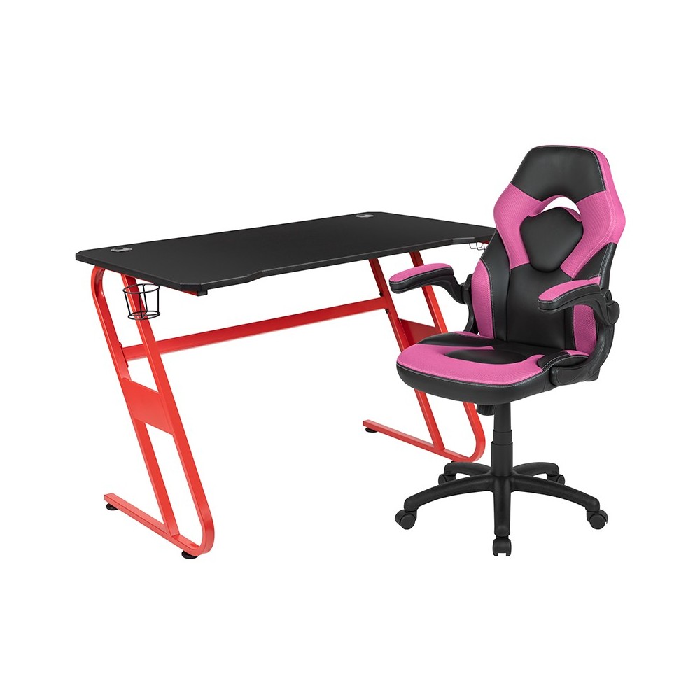 Red Gaming Desk and Pink/Black Racing Chair Set with Cup Holder and Headphone Hook