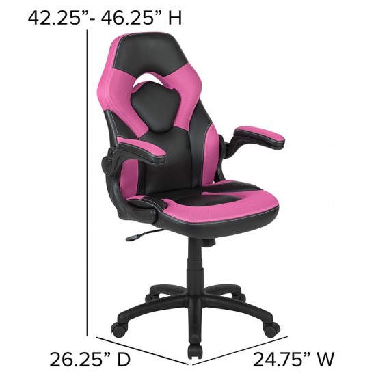 Red Gaming Desk and Pink/Black Racing Chair Set with Cup Holder and Headphone Hook