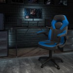 Black Gaming Desk and Blue/Black Racing Chair Set with Cup Holder, Headphone Hook, and Monitor/Smartphone Stand