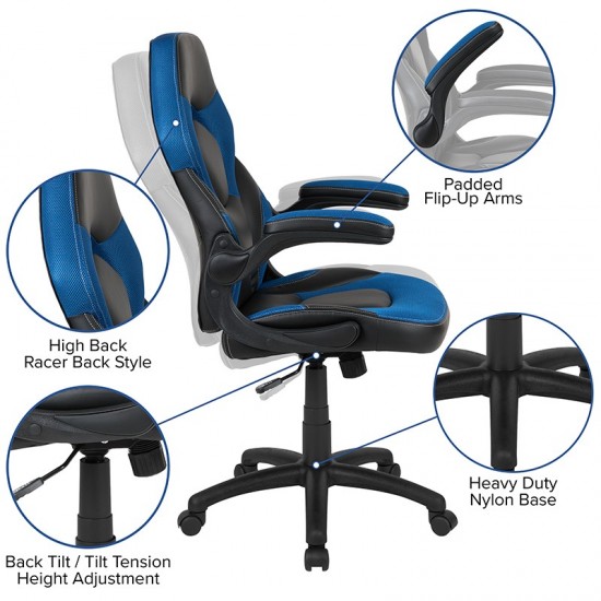 Black Gaming Desk and Blue/Black Racing Chair Set with Cup Holder, Headphone Hook, and Monitor/Smartphone Stand