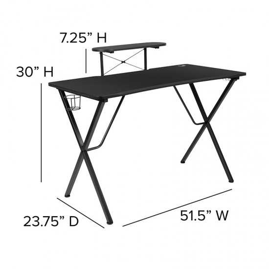 Black Gaming Desk and Blue/Black Racing Chair Set with Cup Holder, Headphone Hook, and Monitor/Smartphone Stand