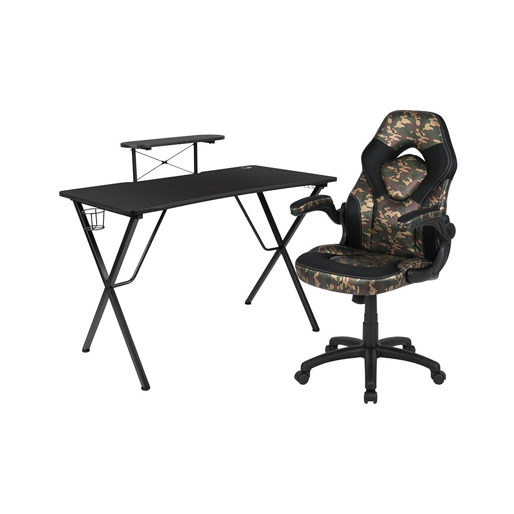 Black Gaming Desk and Camouflage/Black Racing Chair Set with Cup Holder, Headphone Hook, and Monitor/Smartphone Stand