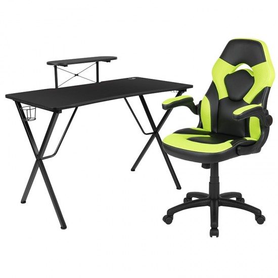 Black Gaming Desk and Green/Black Racing Chair Set with Cup Holder, Headphone Hook, and Monitor/Smartphone Stand