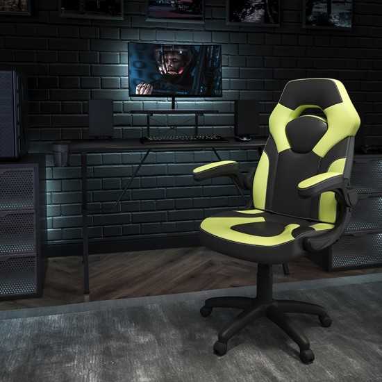 Black Gaming Desk and Green/Black Racing Chair Set with Cup Holder, Headphone Hook, and Monitor/Smartphone Stand