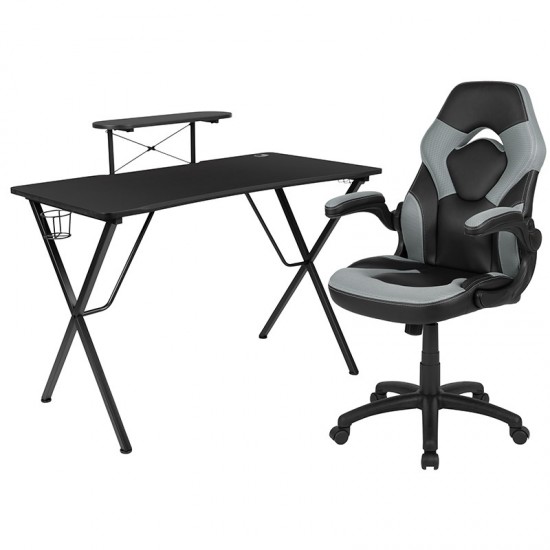 Black Gaming Desk and Gray/Black Racing Chair Set with Cup Holder, Headphone Hook, and Monitor/Smartphone Stand