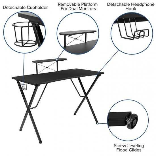 Black Gaming Desk and Gray/Black Racing Chair Set with Cup Holder, Headphone Hook, and Monitor/Smartphone Stand