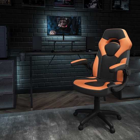 Black Gaming Desk and Orange/Black Racing Chair Set with Cup Holder, Headphone Hook, and Monitor/Smartphone Stand