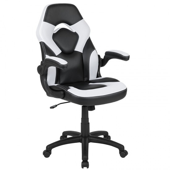 Black Gaming Desk and White/Black Racing Chair Set with Cup Holder, Headphone Hook, and Monitor/Smartphone Stand