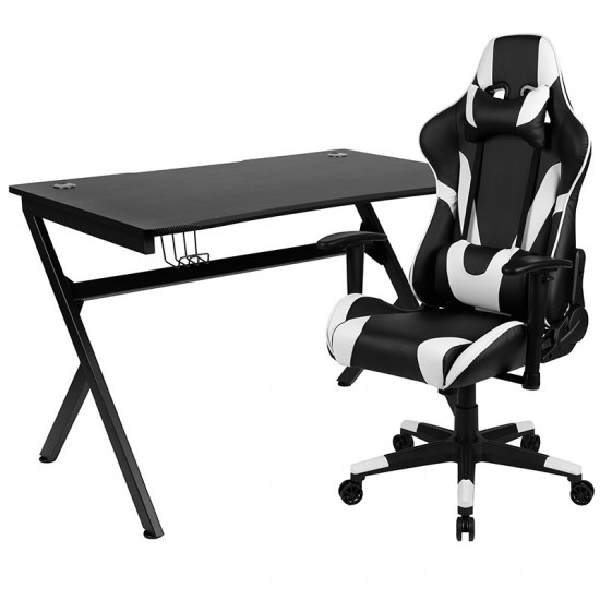 Black Gaming Desk and Black Reclining Gaming Chair Set with Cup Holder, Headphone Hook & 2 Wire Management Holes