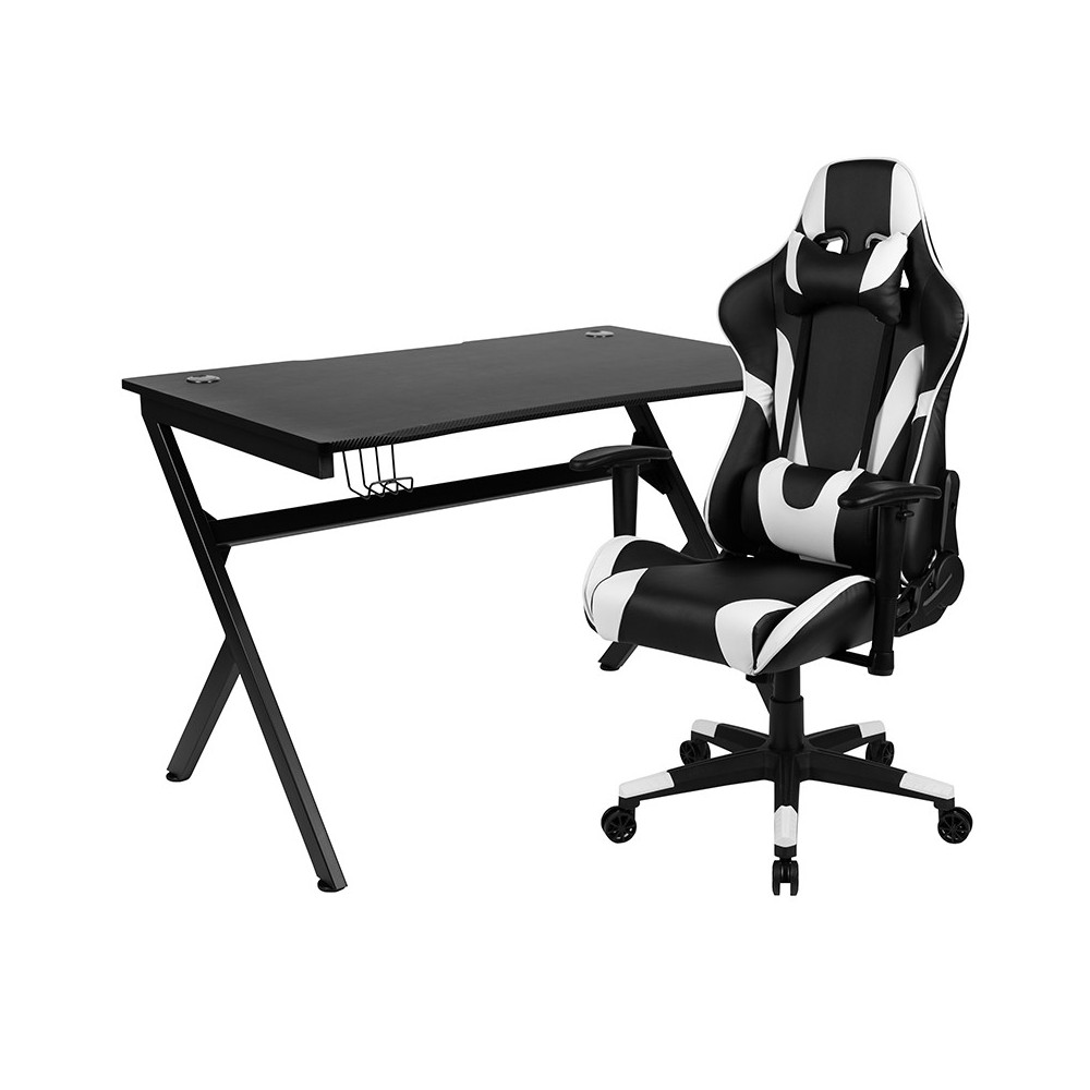 Black Gaming Desk and Black Reclining Gaming Chair Set with Cup Holder, Headphone Hook & 2 Wire Management Holes