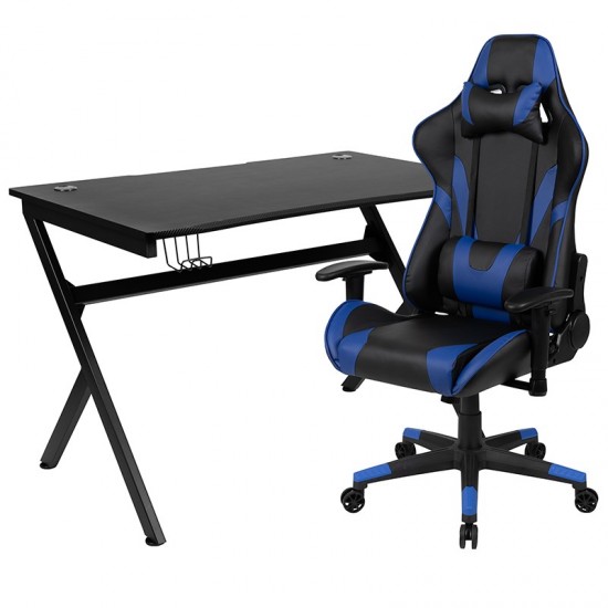 Black Gaming Desk and Blue/Black Reclining Gaming Chair Set with Cup Holder, Headphone Hook & 2 Wire Management Holes