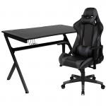 Black Gaming Desk and Gray/Black Reclining Gaming Chair Set with Cup Holder, Headphone Hook & 2 Wire Management Holes