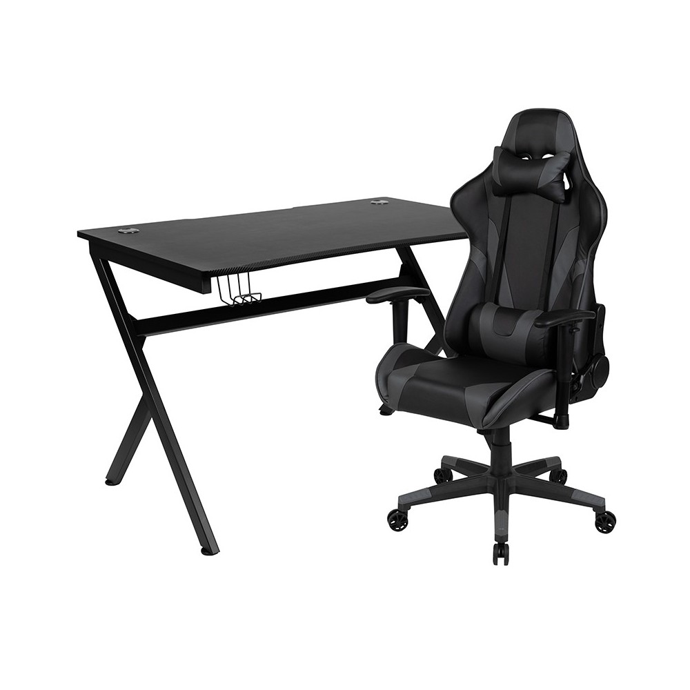 Black Gaming Desk and Gray/Black Reclining Gaming Chair Set with Cup Holder, Headphone Hook & 2 Wire Management Holes