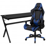 Gaming Desk and Blue/Black Reclining Gaming Chair Set /Cup Holder/Headphone Hook/Removable Mouse Pad Top - Wire Management