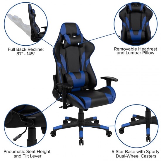 Gaming Desk and Blue/Black Reclining Gaming Chair Set /Cup Holder/Headphone Hook/Removable Mouse Pad Top - Wire Management