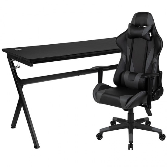 Gaming Desk and Gray/Black Reclining Gaming Chair Set /Cup Holder/Headphone Hook/Removable Mouse Pad Top - Wire Management