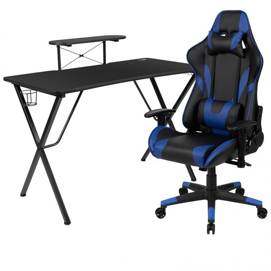 Black Gaming Desk and Blue Reclining Gaming Chair Set with Cup Holder, Headphone Hook, and Monitor/Smartphone Stand