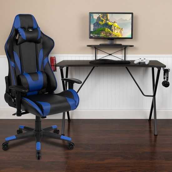 Black Gaming Desk and Blue Reclining Gaming Chair Set with Cup Holder, Headphone Hook, and Monitor/Smartphone Stand