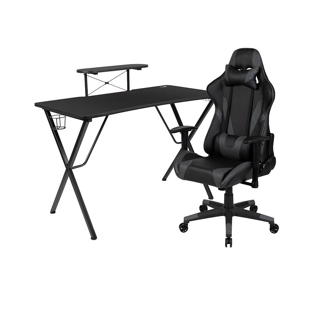 Black Gaming Desk and Gray Reclining Gaming Chair Set with Cup Holder, Headphone Hook, and Monitor/Smartphone Stand