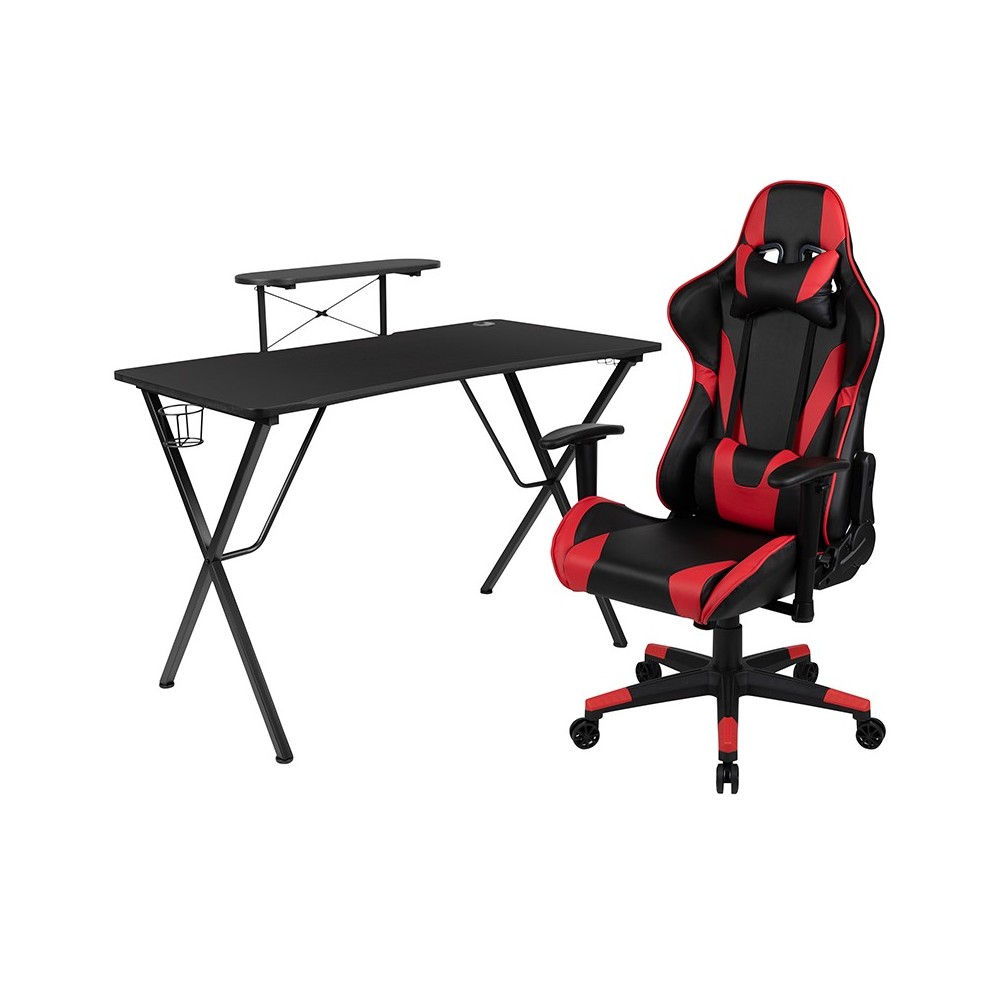 Black Gaming Desk and Red/Black Reclining Gaming Chair Set with Cup Holder, Headphone Hook, and Monitor/Smartphone Stand