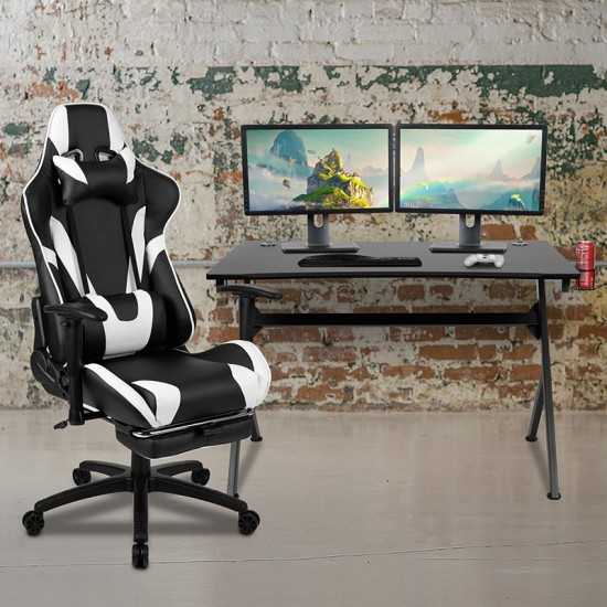 Black Gaming Desk and Black Footrest Reclining Gaming Chair Set with Cup Holder, Headphone Hook & 2 Wire Management Holes