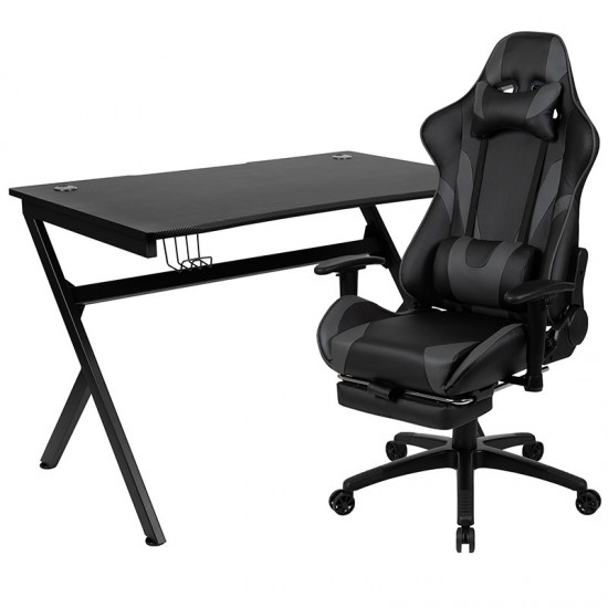 Black Gaming Desk and Gray Footrest Reclining Gaming Chair Set with Cup Holder, Headphone Hook & 2 Wire Management Holes
