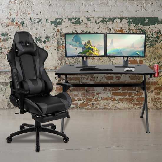 Black Gaming Desk and Gray Footrest Reclining Gaming Chair Set with Cup Holder, Headphone Hook & 2 Wire Management Holes