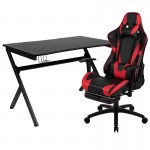 Black Gaming Desk and Red/Black Footrest Reclining Gaming Chair Set with Cup Holder, Headphone Hook & 2 Wire Management Holes