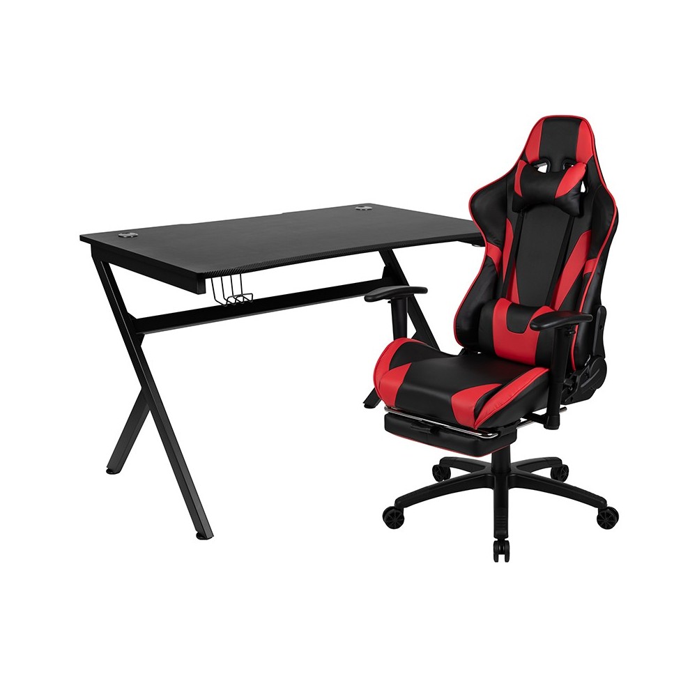 Black Gaming Desk and Red/Black Footrest Reclining Gaming Chair Set with Cup Holder, Headphone Hook & 2 Wire Management Holes