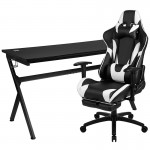 Gaming Desk and Black Footrest Reclining Gaming Chair Set - Cup Holder/Headphone Hook/Removable Mouse Pad Top/Wire Management