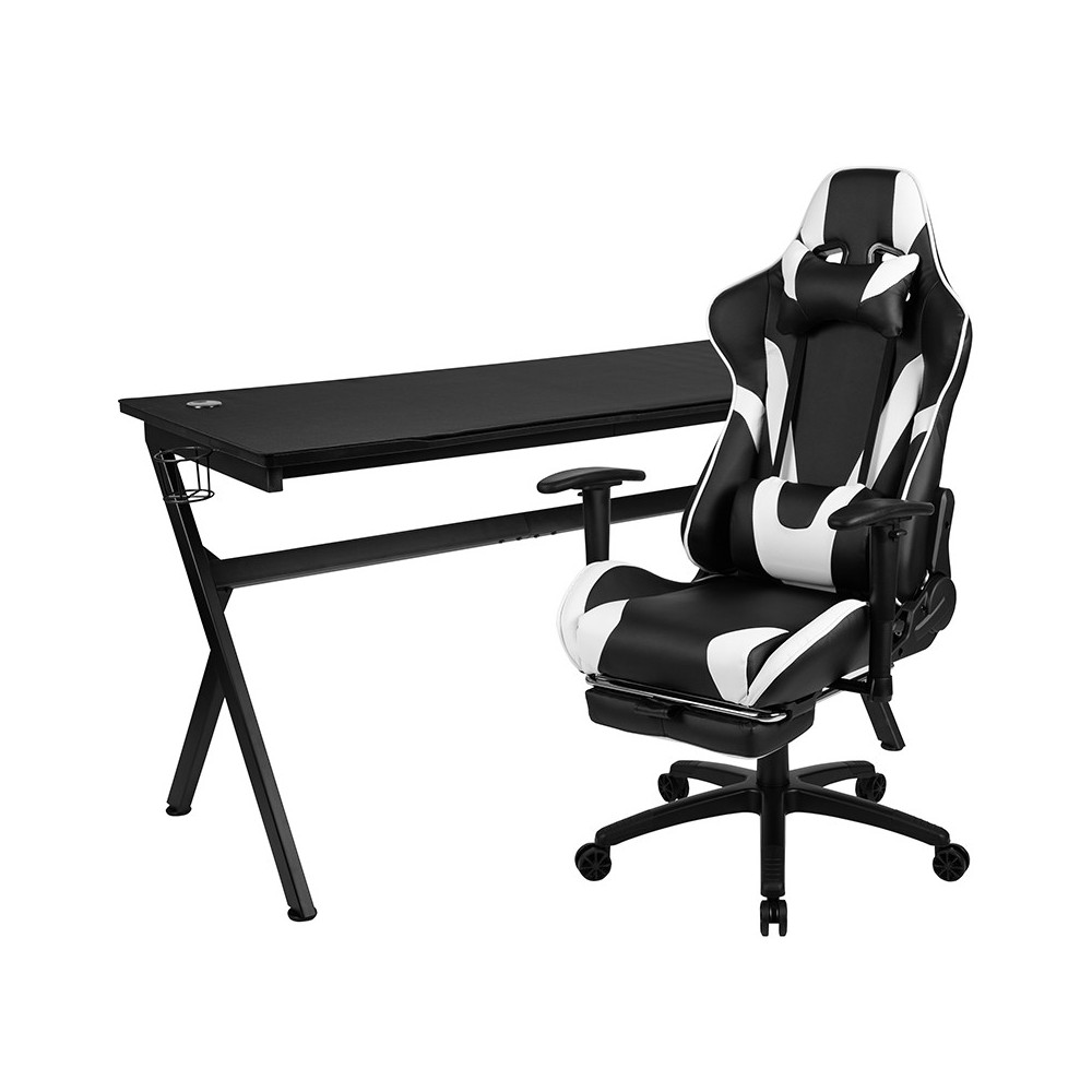 Gaming Desk and Black Footrest Reclining Gaming Chair Set - Cup Holder/Headphone Hook/Removable Mouse Pad Top/Wire Management