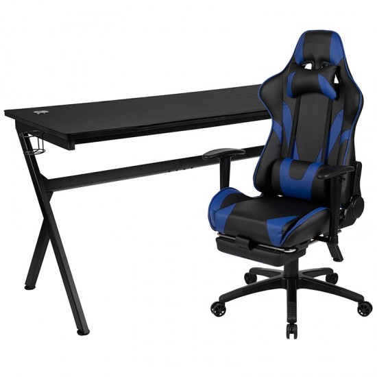 Gaming Desk and Blue Footrest Reclining Gaming Chair Set - Cup Holder/Headphone Hook/Removable Mouse Pad Top/Wire Management