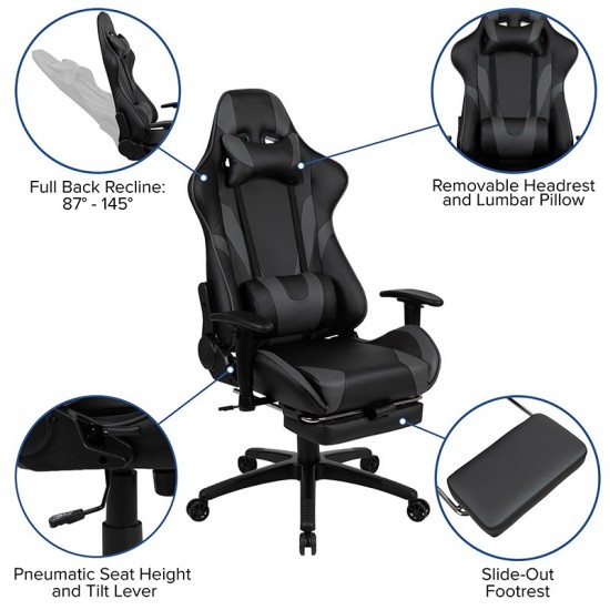 Gaming Desk and Gray Footrest Reclining Gaming Chair Set - Cup Holder/Headphone Hook/Removable Mouse Pad Top/Wire Management