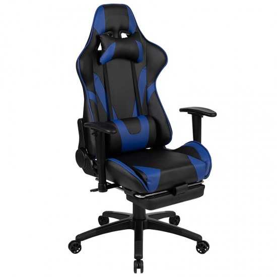 Red Gaming Desk with Cup Holder/Headphone Hook & Blue Reclining Gaming Chair with Footrest