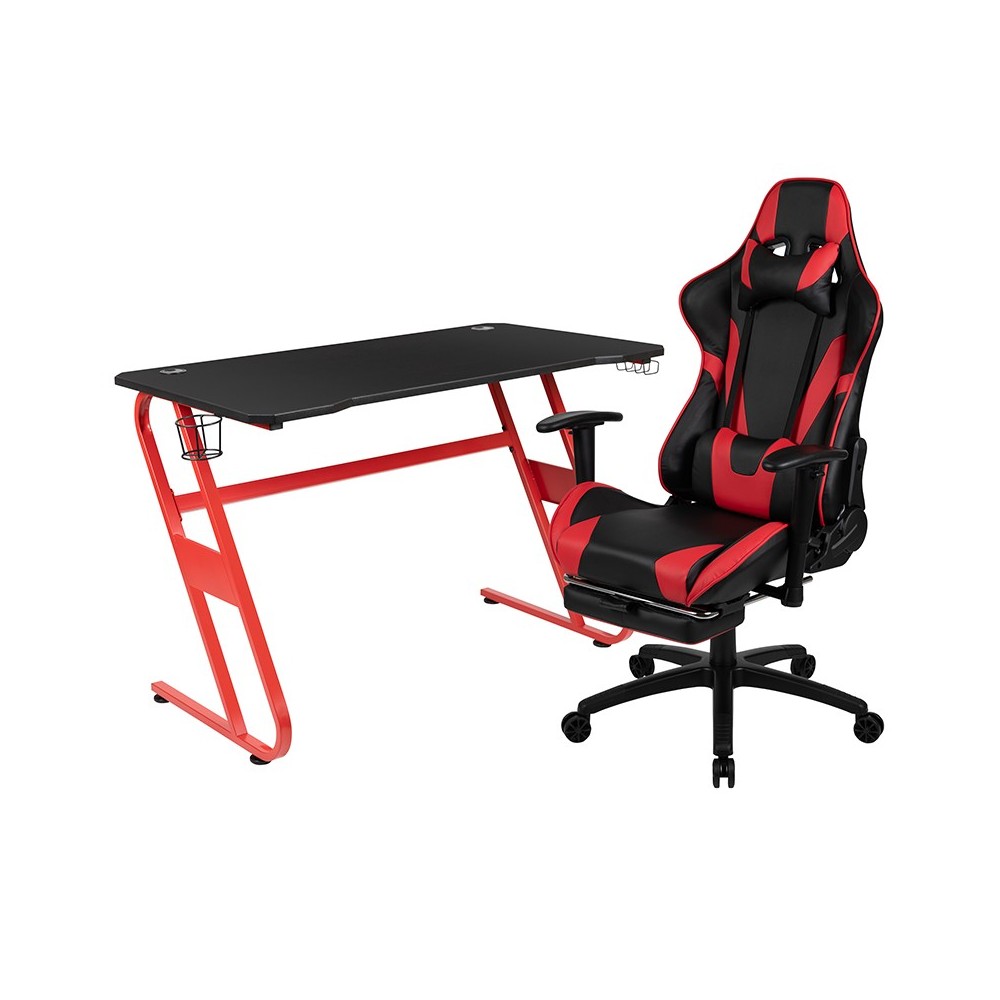 Red Gaming Desk and Red/Black Footrest Reclining Gaming Chair Set with Cup Holder and Headphone Hook