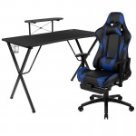 Black Gaming Desk with Cup Holder/Headphone Hook and Monitor/Smartphone Stand & Blue Reclining Gaming Chair with Footrest