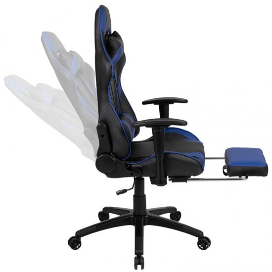 Black Gaming Desk with Cup Holder/Headphone Hook and Monitor/Smartphone Stand & Blue Reclining Gaming Chair with Footrest