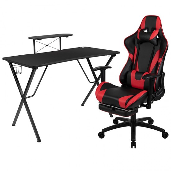 Gaming Desk and Red/Black Footrest Reclining Gaming Chair Set with Cup Holder, Headphone Hook, & Monitor/Smartphone Stand