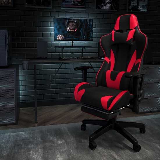 Gaming Desk and Red/Black Footrest Reclining Gaming Chair Set with Cup Holder, Headphone Hook, & Monitor/Smartphone Stand