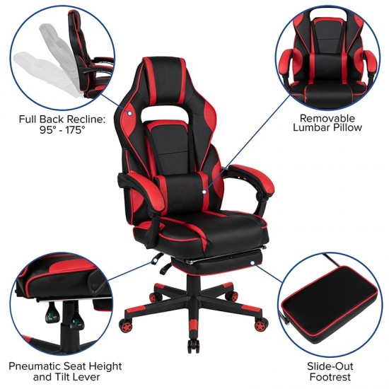 Black Gaming Desk with Cup Holder/Headphone Hook/2 Wire Management Holes & Red Reclining Back/Arms Gaming Chair with Footrest