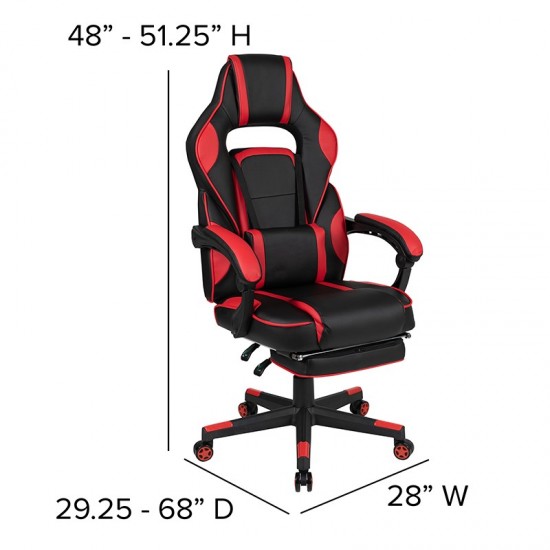 Black Gaming Desk with Cup Holder/Headphone Hook/2 Wire Management Holes & Red Reclining Back/Arms Gaming Chair with Footrest