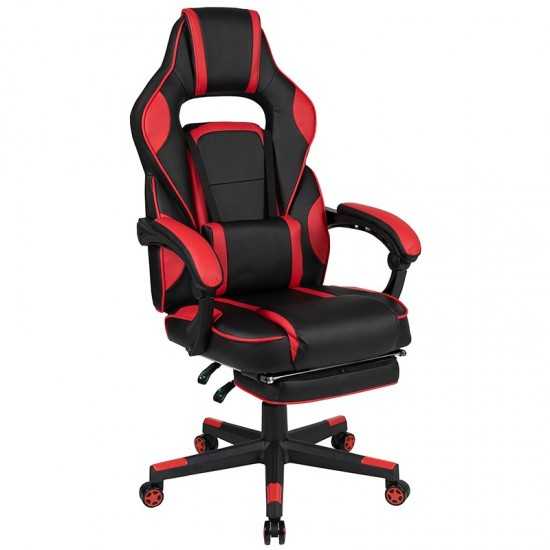 Black Gaming Desk with Cup Holder/Headphone Hook/2 Wire Management Holes & Red Reclining Back/Arms Gaming Chair with Footrest