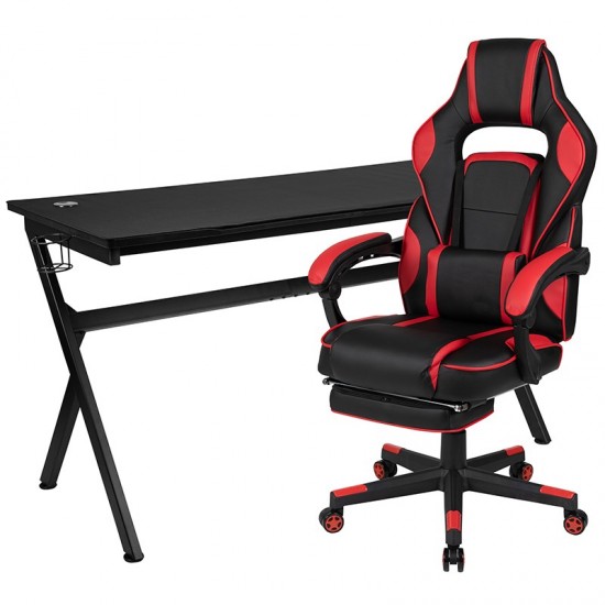 Gaming Desk with Cup Holder/Headphone Hook/Removable Mousepad Top & Red Reclining Back/Arms Gaming Chair with Footrest