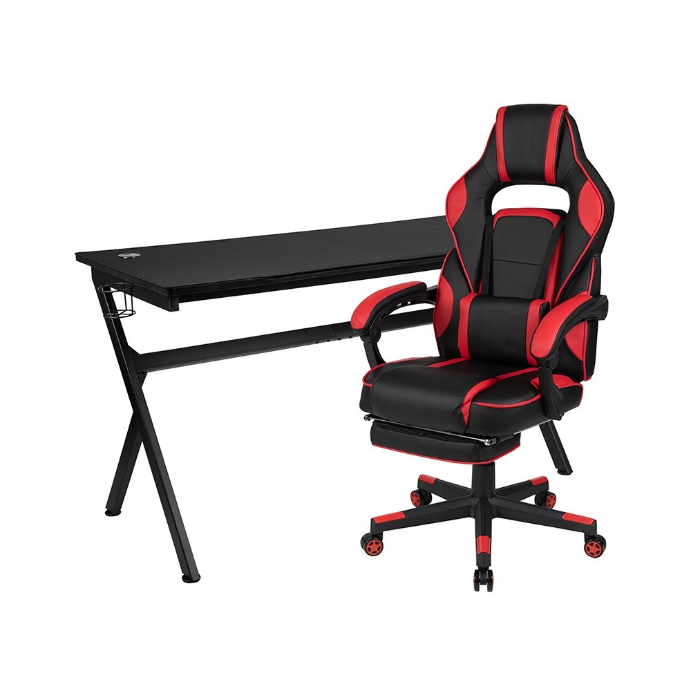 Gaming Desk with Cup Holder/Headphone Hook/Removable Mousepad Top & Red Reclining Back/Arms Gaming Chair with Footrest